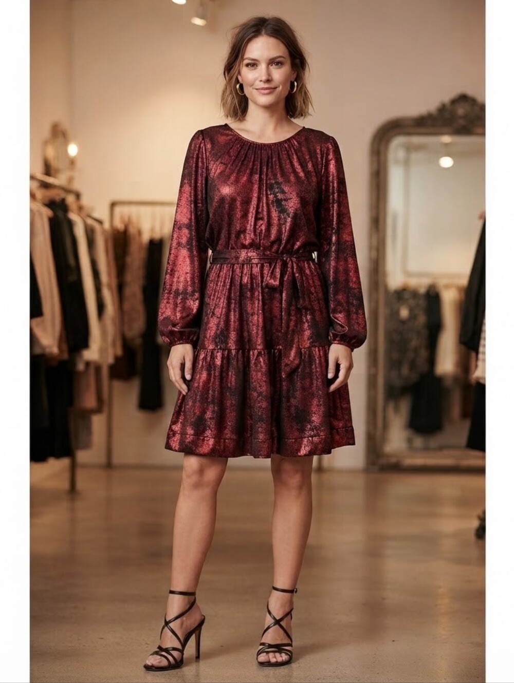 Lane Bryant Metallic Red Foil Tiered Cocktail Holiday Dress 18